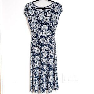 En Focus Studio Drop Waist Flowy Midi Floral Dress White Navy Women's Size 10
